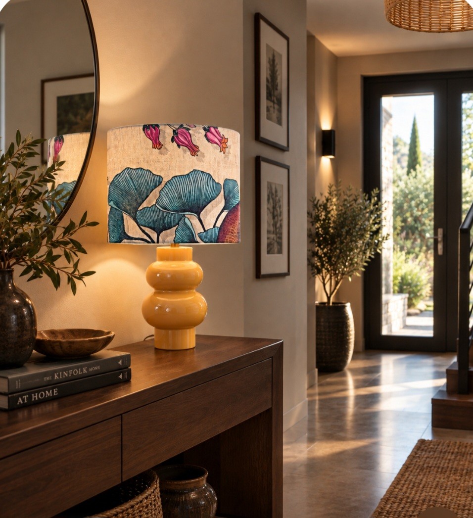 Lampe jaune avec abat-jour aux motifs floraux colorés