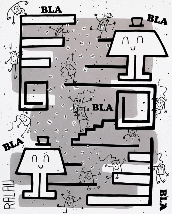 Tableau de Ralau en noir, blanc et gris avec personnages et inscriptions BLA