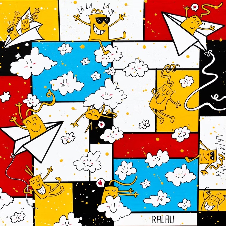 Tableau de Ralau aux avions en papier et nuages sur fond rouge, bleu et jaune