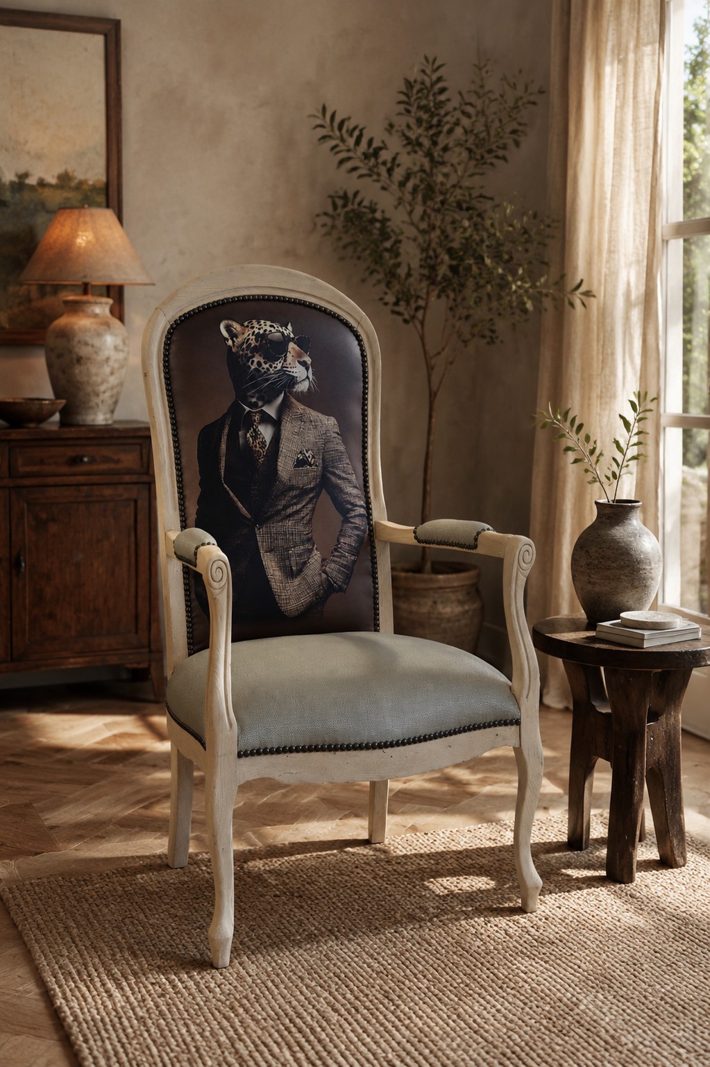 Fauteuil avec dossier à motif léopard, création de Tania Decharles
