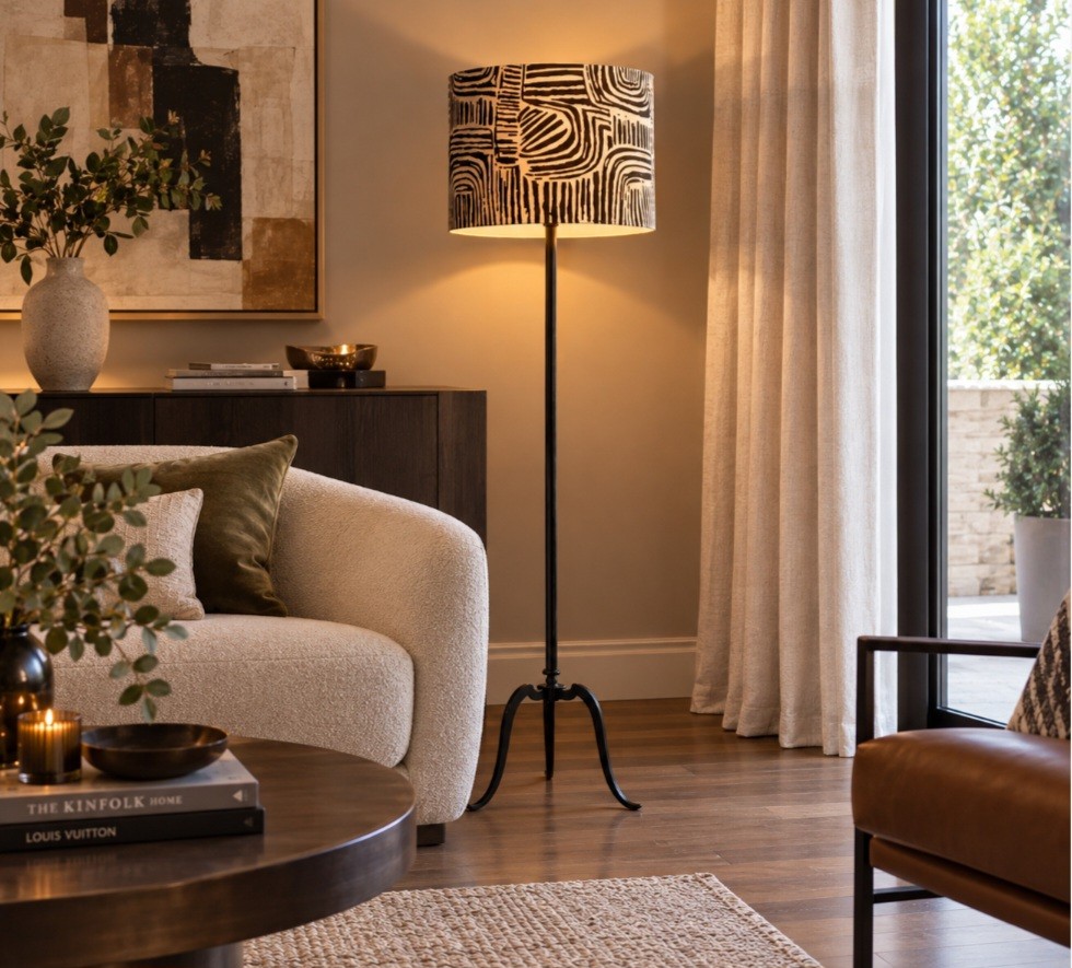 Lampadaire noir avec abat-jour graphique dans un salon