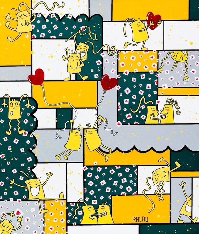 Tableau de Ralau aux cœurs rouges et personnages jaunes sur fond vert et gris