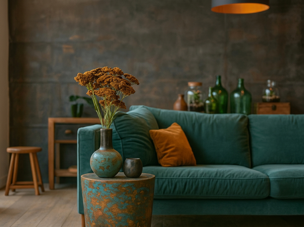 Intérieur de l'Atelier Halles & Design — canapé velours et céramique