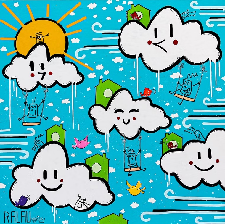 Tableau de Ralau aux nuages souriants, balançoires et oiseaux sur fond turquoise