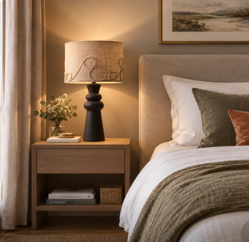 Lampe de chevet noire avec abat-jour naturel brodé